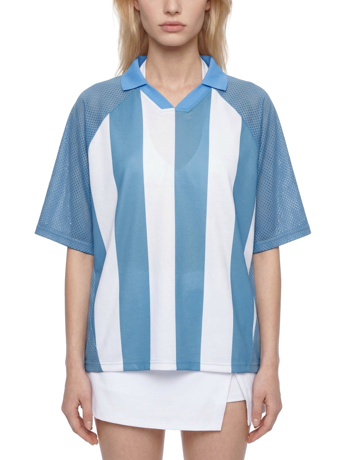 Unisex Striped Mesh Boxy Soccer Jersey in Sky Blue with White