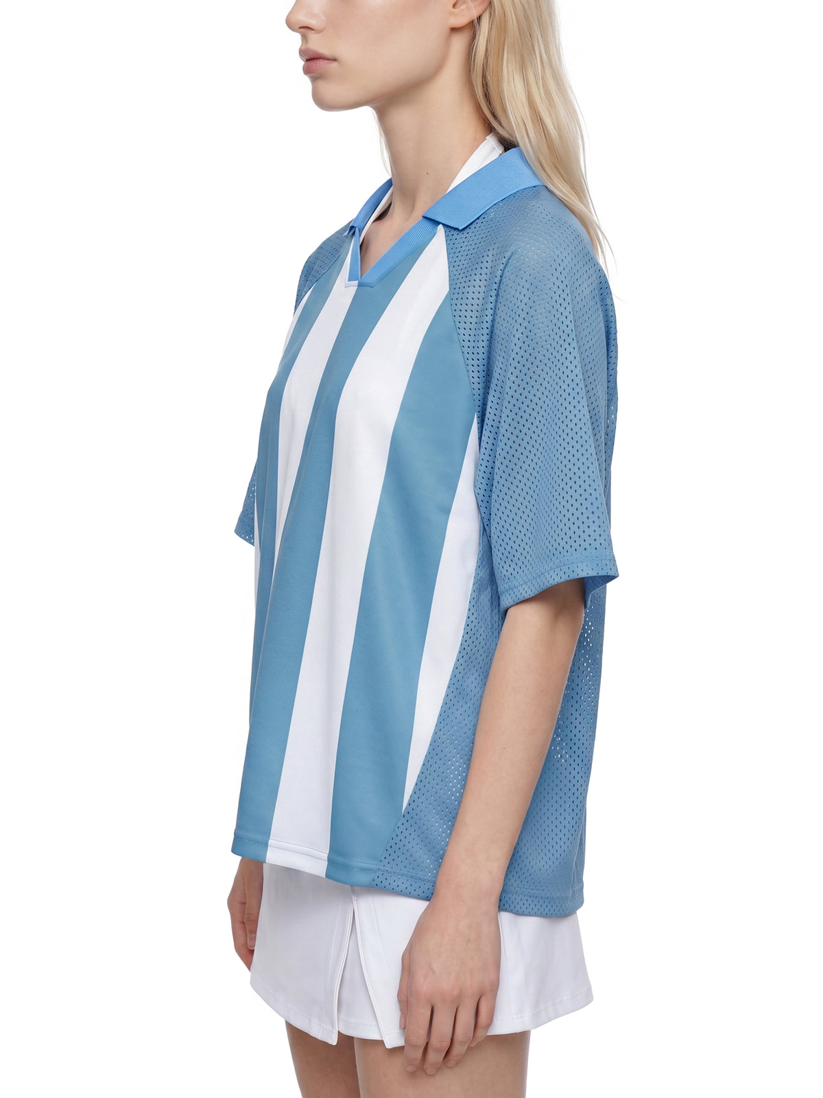 Unisex Striped Mesh Boxy Soccer Jersey in Sky Blue with White