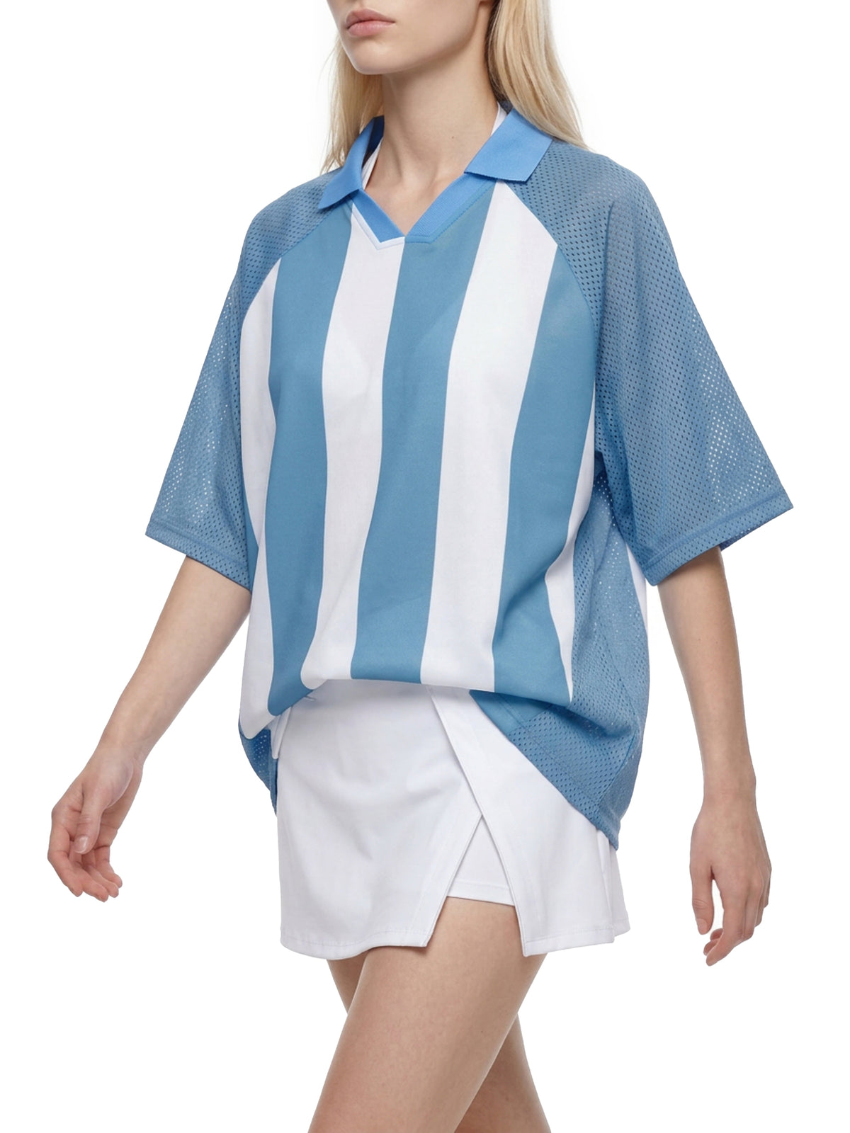 Unisex Striped Mesh Boxy Soccer Jersey in Sky Blue with White