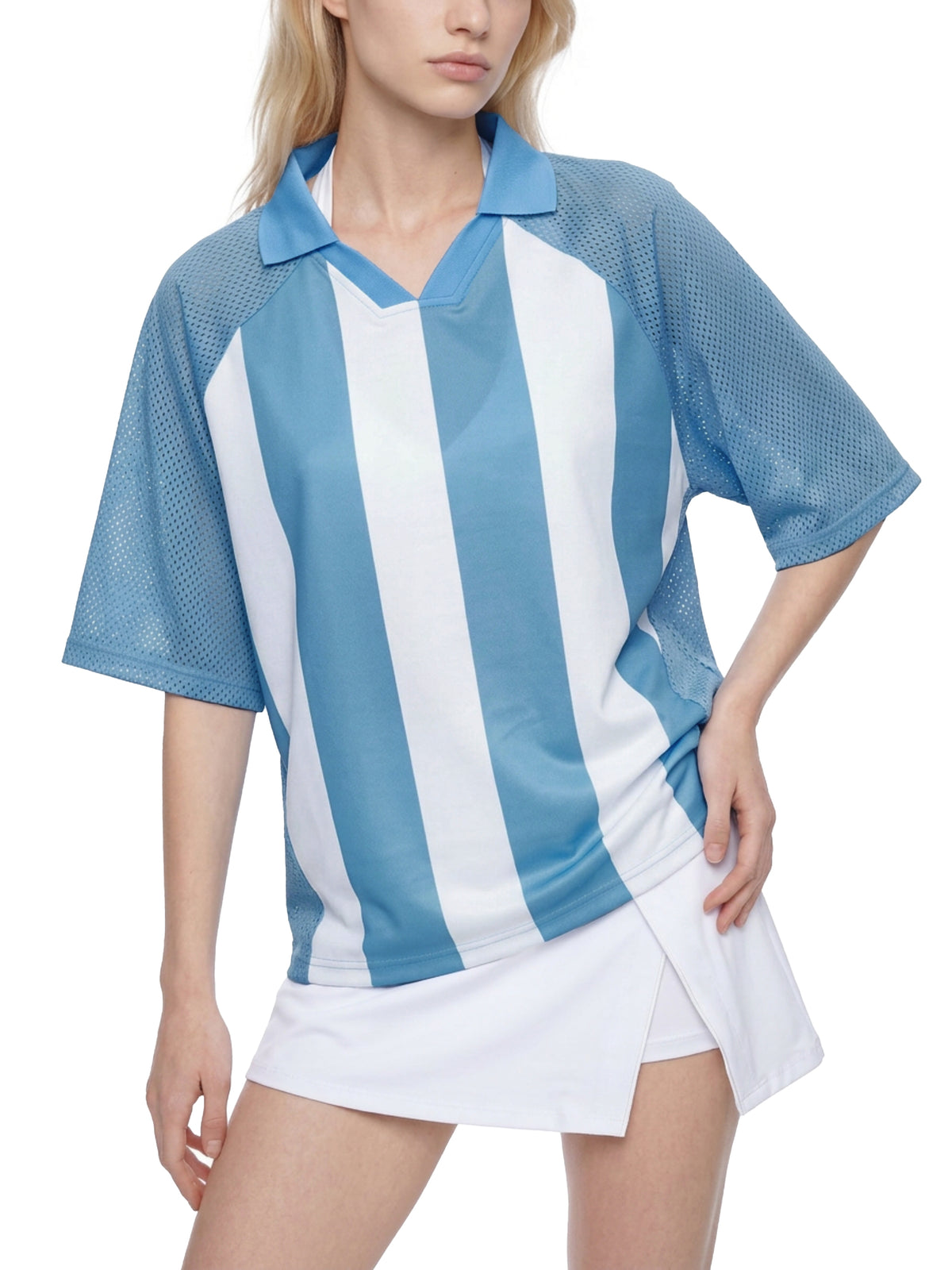 Unisex Striped Mesh Boxy Soccer Jersey in Sky Blue with White