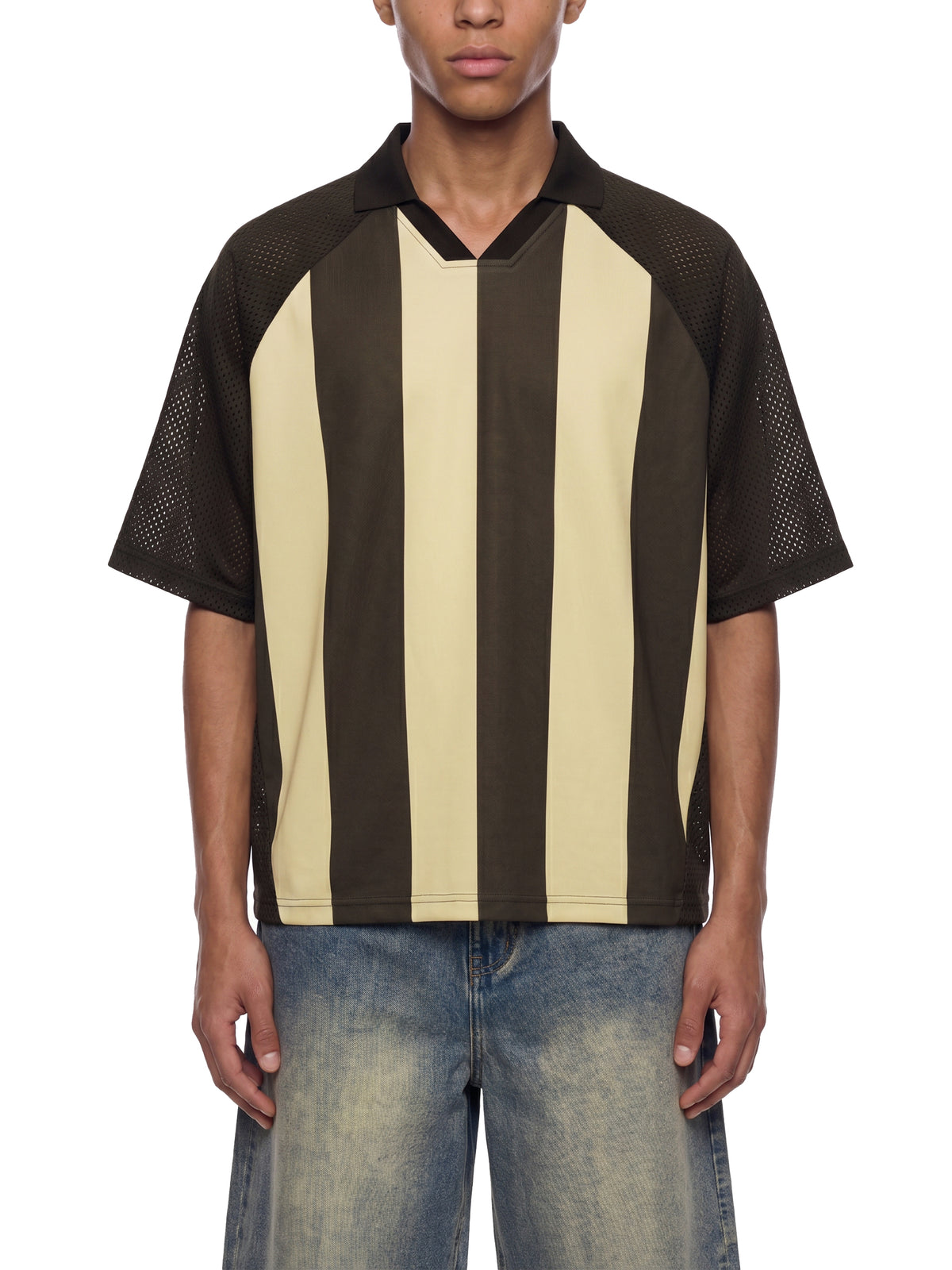 Unisex Striped Mesh Boxy Soccer Jersey in Coffee with Apricot