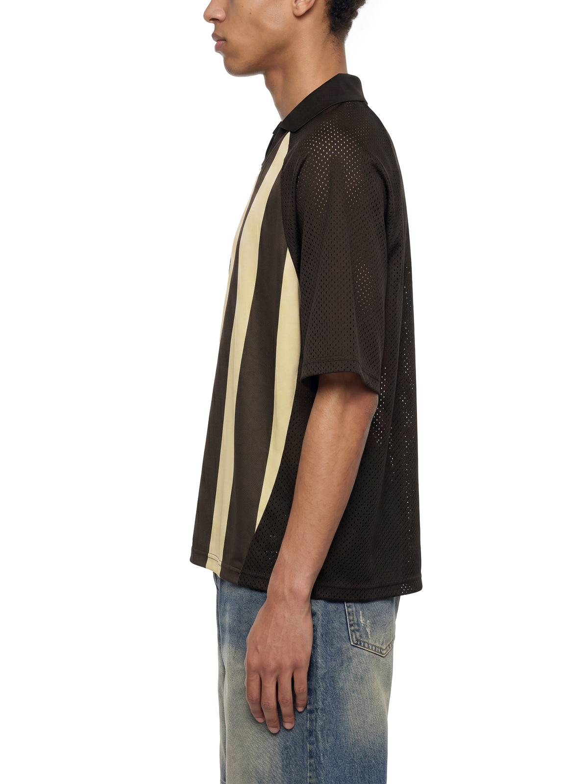 Unisex Striped Mesh Boxy Soccer Jersey in Coffee with Apricot