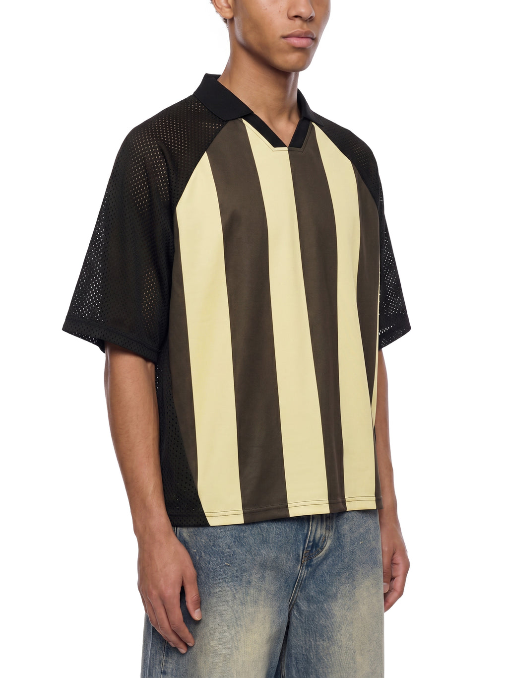 Unisex Striped Mesh Boxy Soccer Jersey in Coffee with Apricot