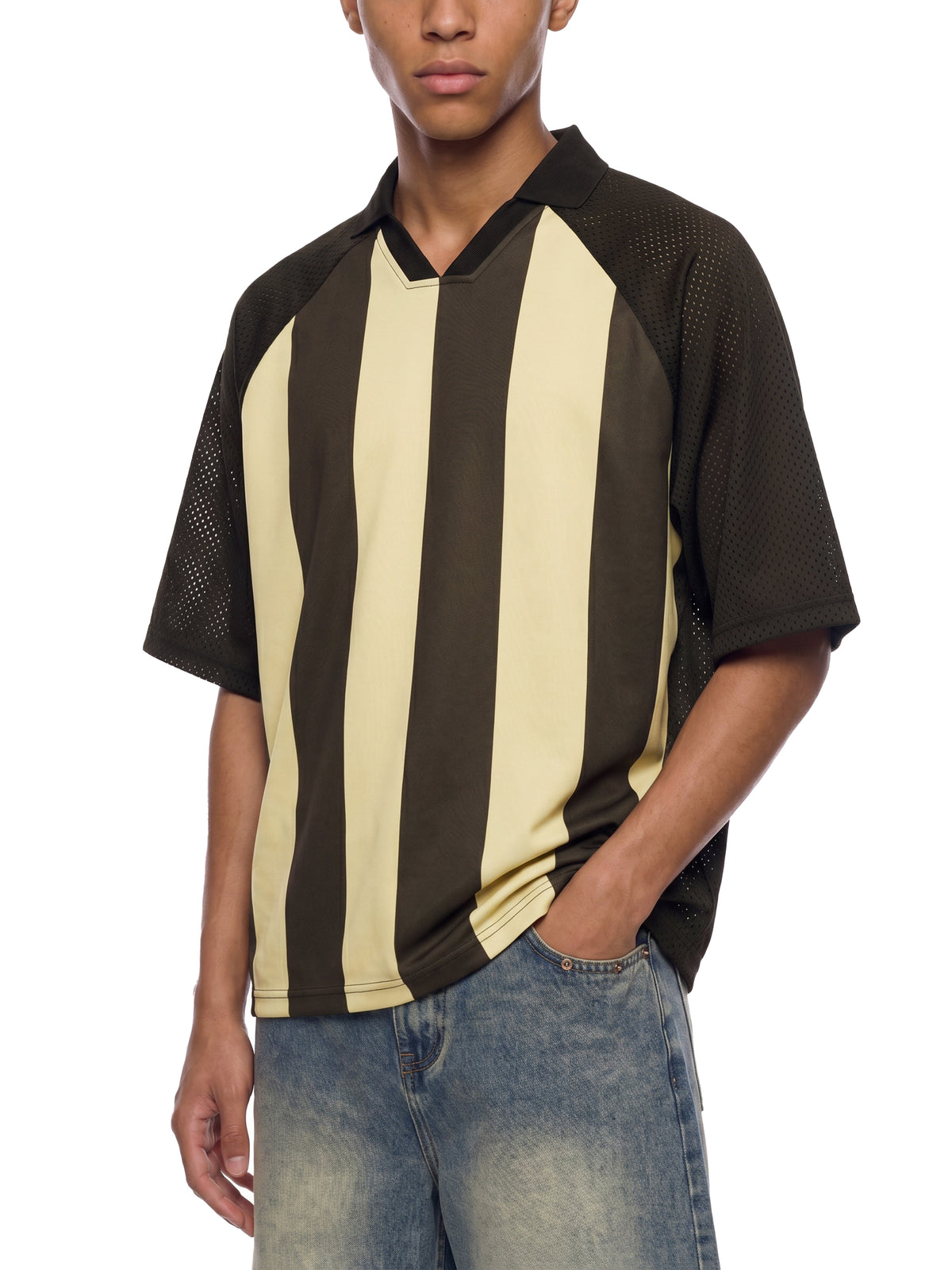 Unisex Striped Mesh Boxy Soccer Jersey in Coffee with Apricot